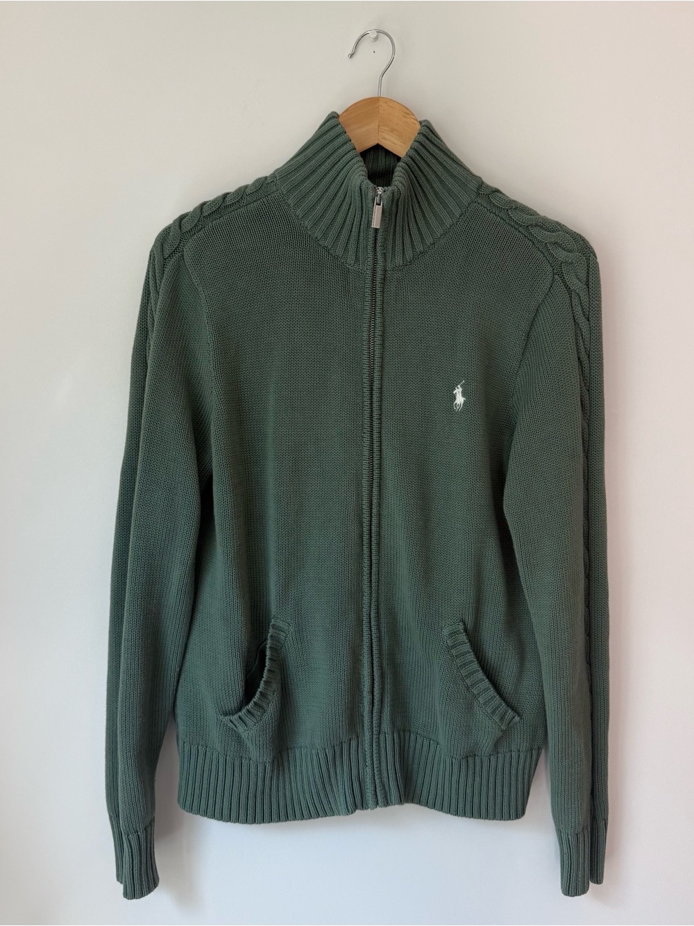 Vintage Y2K Ralph Lauren Sport Womens XL Cotton Knit Zip Cardigan Cable Shoulder